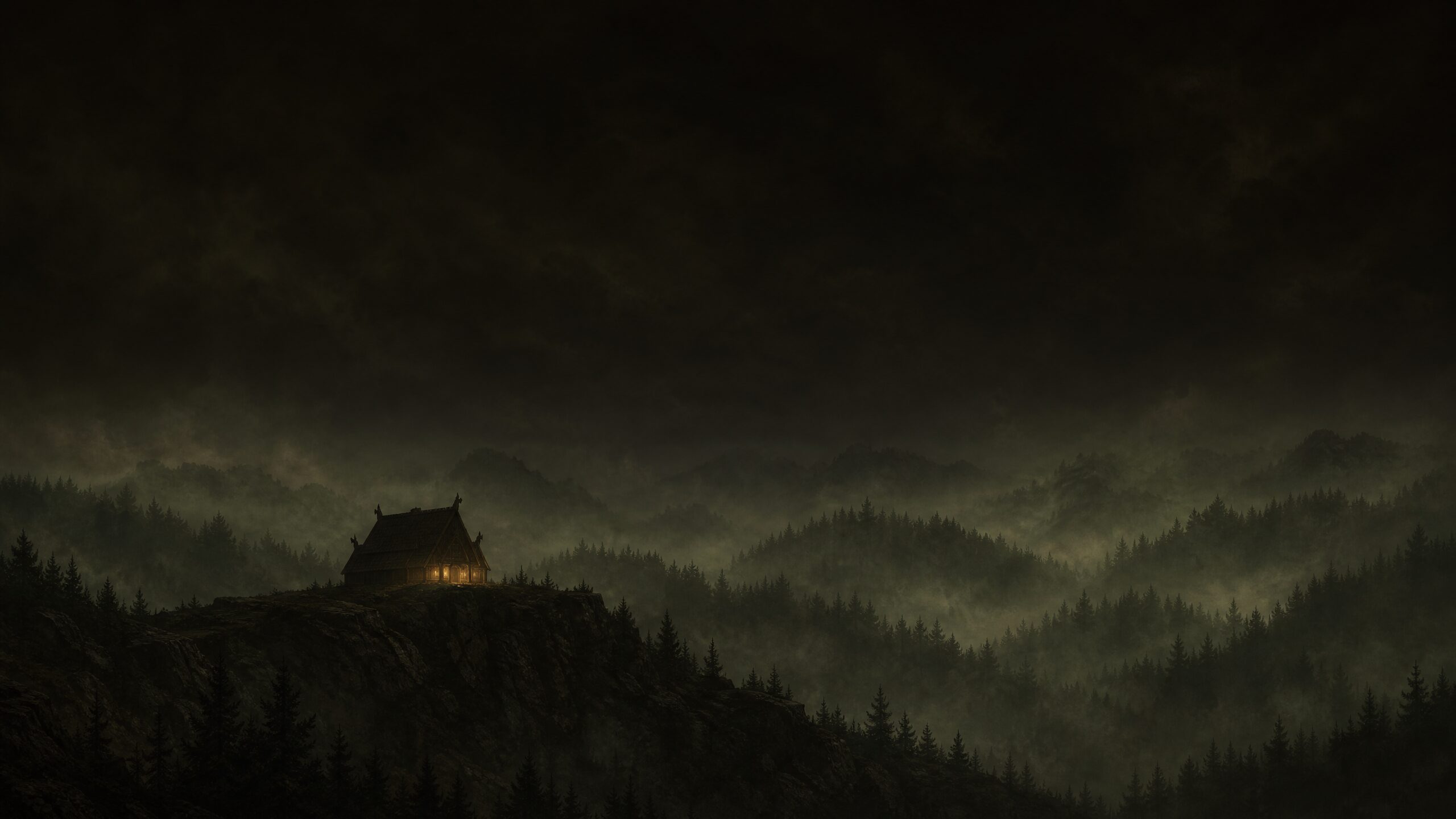 A lone longhouse on a cliff above a mist-filled valley, windows lit
